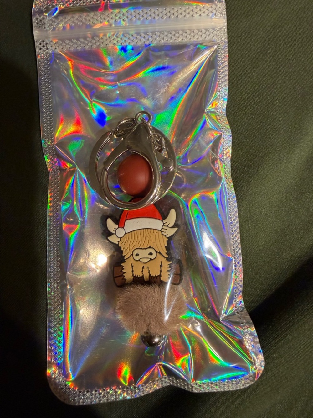 Cute Highland Cow Keychain with Pom Pom - Red Hat